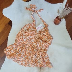 NWT Boutique Orange Floral Halter Top M
